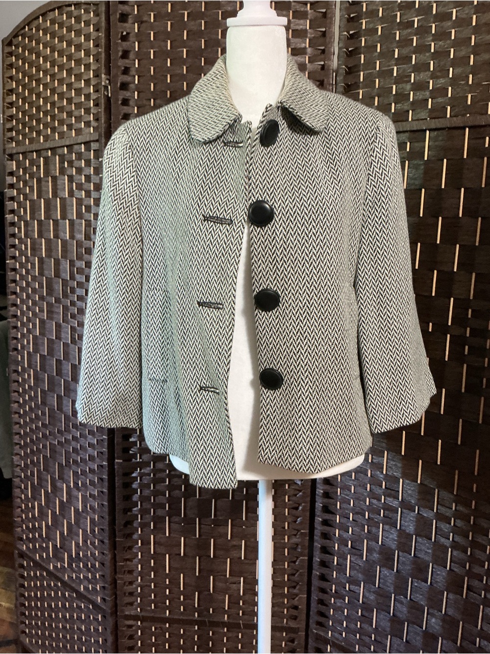 New York & Company Black and White Herringbone Cropped Jacket